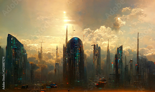 view of the futuristic city on alien planet  digital painting  concept illustration