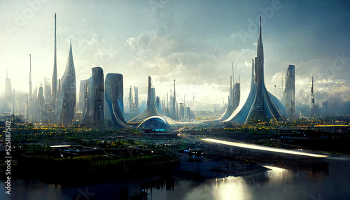 view of the futuristic city on alien planet, digital painting, concept illustration photo