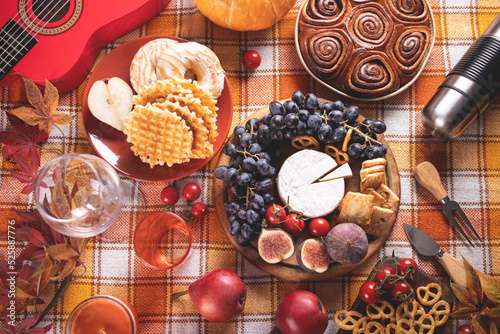Autumn outdoor picnic set or dinner for celebration Thanksgiving Day. Holiday party. Festive table. Snacks, friuts,pie, vegetables, wine glasses.