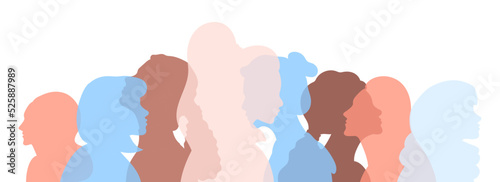 Concept of the unity of women for rights and freedom in society. Girls with different nationalities united together friendship the union of feminists or sisterhood. Multinational. Vector illustration