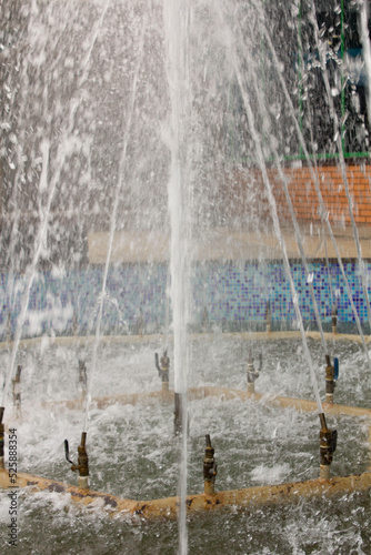 Fountain in the city of Petropavlovsk Kazakhstan  front and back background blurred with bokeh effect