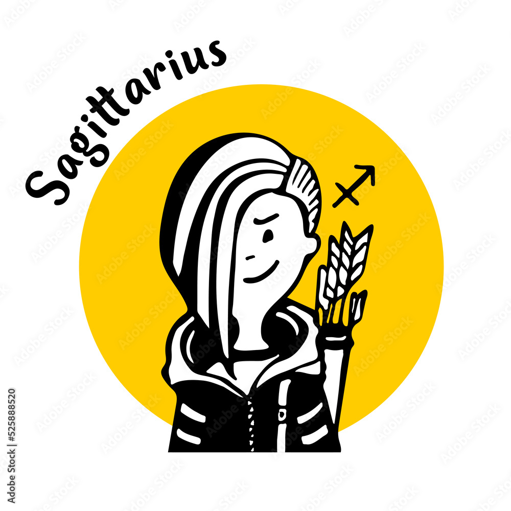 Zodiac signs Sagittarius comic face and character of people in style of doodles for avatar in yellow circle Zodiac signs Sagittarius comic face and character of people in style of doodles for avatar in yellow circle