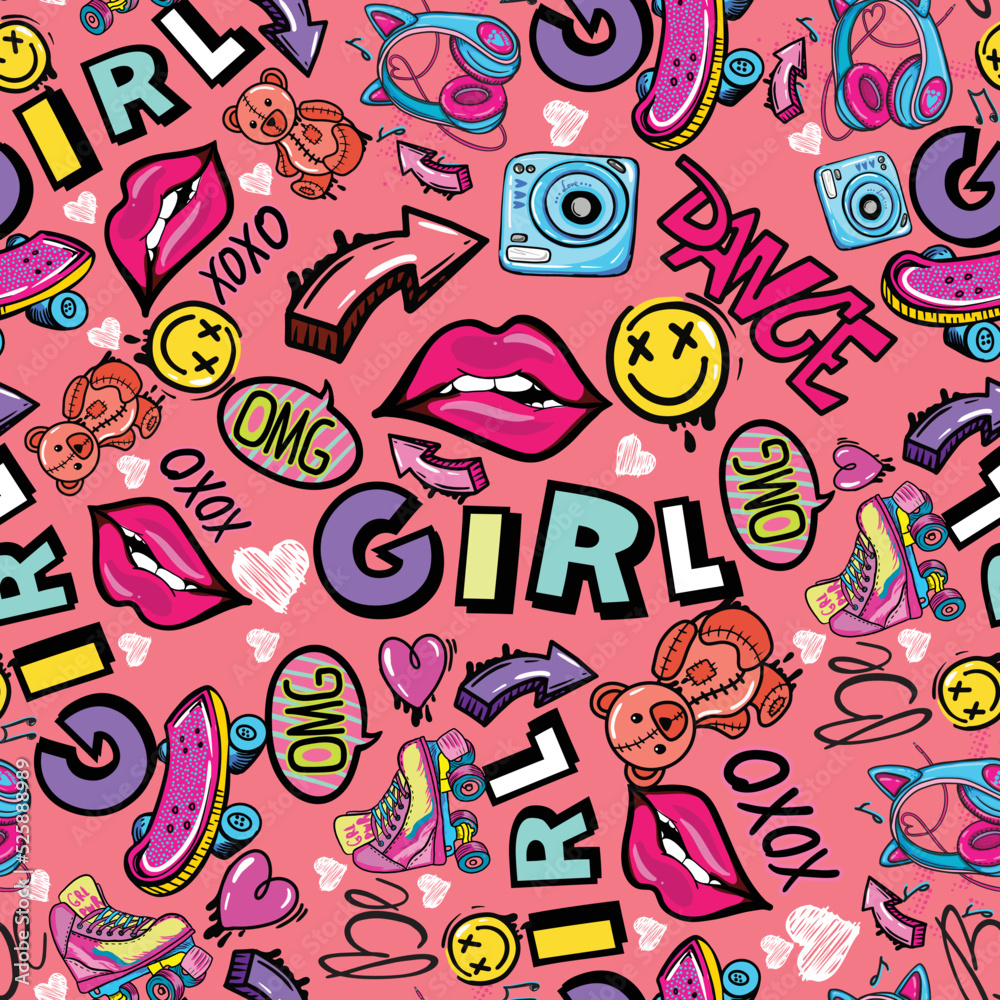 Girls seamless pattern with lips, words and hand drawing elements