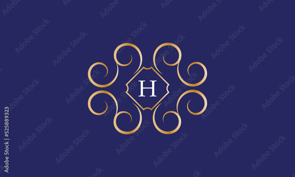 Abstract logo sign with letter H in the center. Gold monogram on a blue background Abstract logo sign with letter H in the center. Gold monogram on a blue background