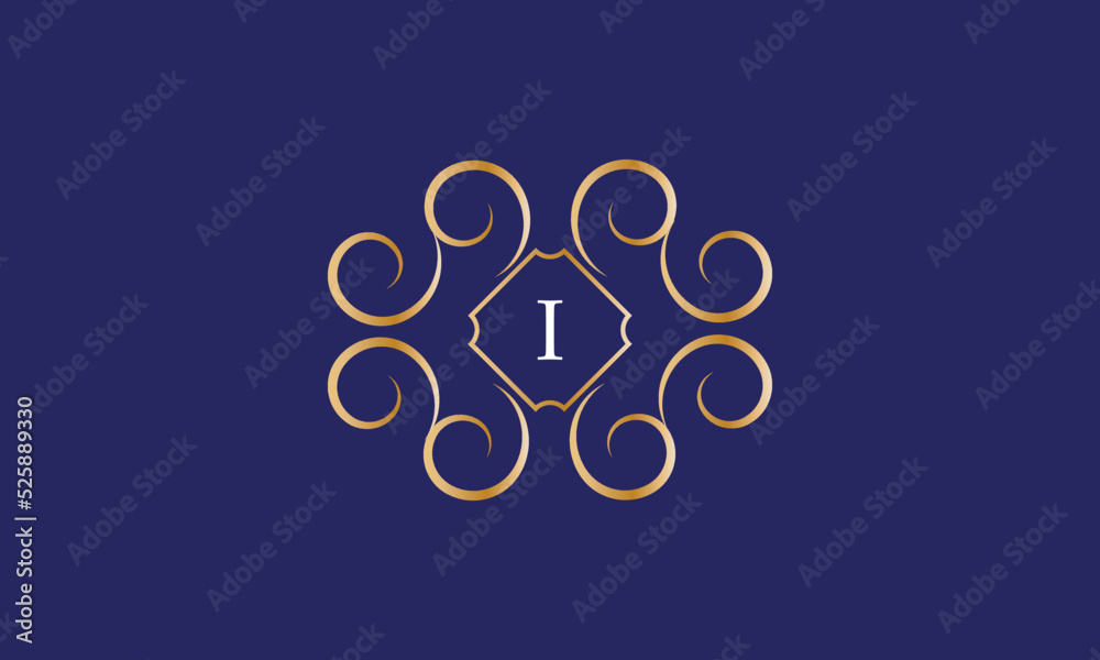 Abstract logo sign with letter I in the center. Gold monogram on a blue background Abstract logo sign with letter I in the center. Gold monogram on a blue background