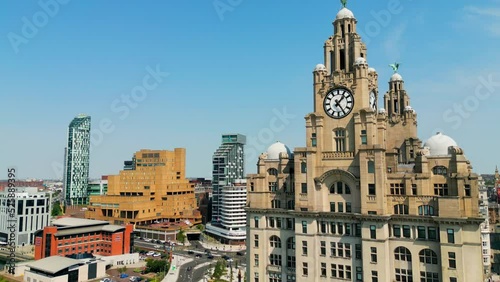 Aerial view over Pier Head and the Royal Liver Building in Liverpool - drone photography photo