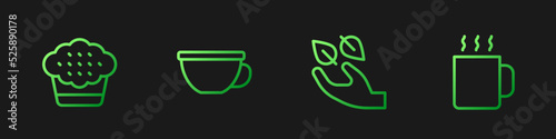 Set line Tea leaf in hand, Muffin, Cup of tea and . Gradient color icons. Vector