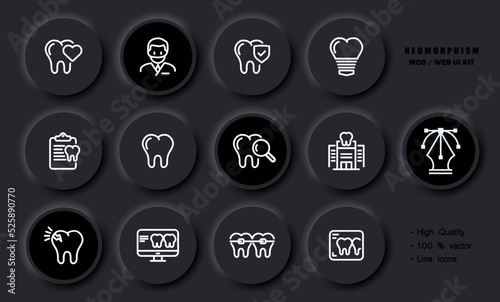 Dentistry set icon. Tooth, dentist, heart, veneer, treatment protocol, magnifying glass, caries, cracked enamel, x rays, braces, prescription. Healthcare concept. Neomorphism style. Vector line icon