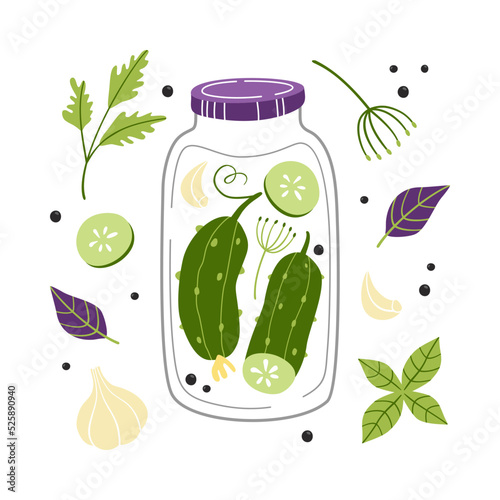 Vector set with canned cucumbers and spices.