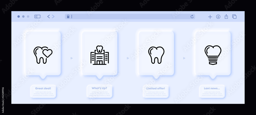 Dentistry set icon. Stomatology, tooth, heart, whiten, molars, veneers, enamel, caries, healthy smile, oral cavity. Healthcare concept. Neomorphism website interface. Vector line icon for Business Dentistry set icon. Stomatology, tooth, heart, whiten, molars, veneers, enamel, caries, healthy smile, oral cavity. Healthcare concept. Neomorphism website interface. Vector line icon for Business