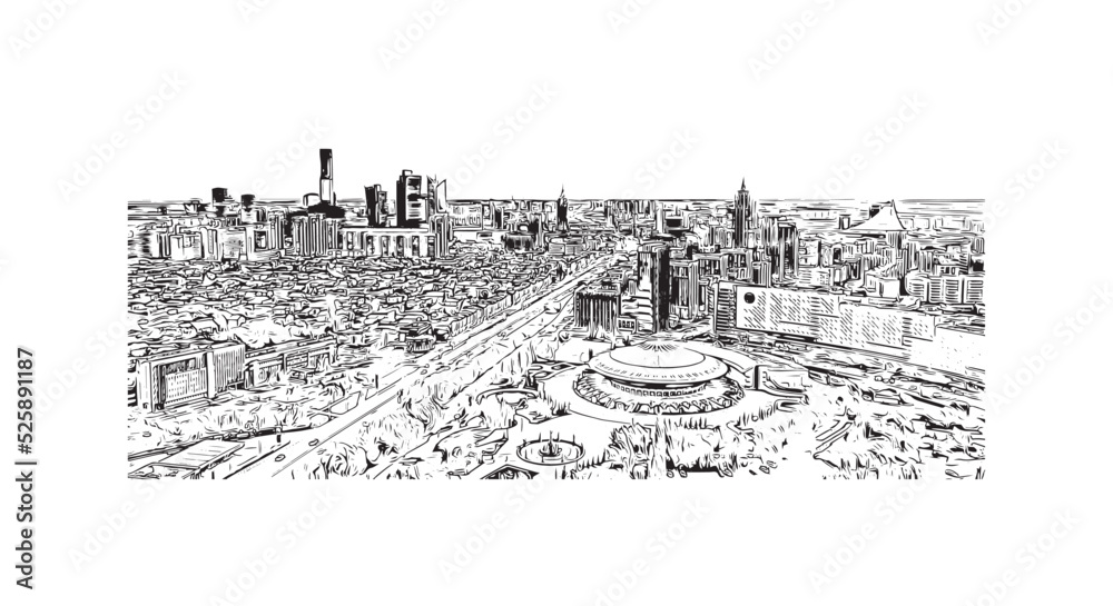 Building view with landmark of Nur Sultan is the 
capital of Kazakhstan. Hand drawn sketch illustration in vector.