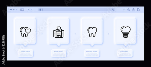 Dentistry set icon. Stomatology, tooth, heart, whiten, molars, veneers, enamel, caries, healthy smile, oral cavity. Healthcare concept. Neomorphism website interface. Vector line icon for Business