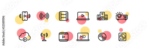 Film industry set icon. Watch video, wifi, cine, laptop, online, series, movie, sound, projector, cloud storage, HD quality, projector. Art concept. Vector line icon for Business and Advertising