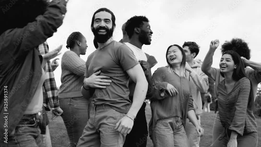 Diverse friends having fun dancing together outdoor at music festival ...