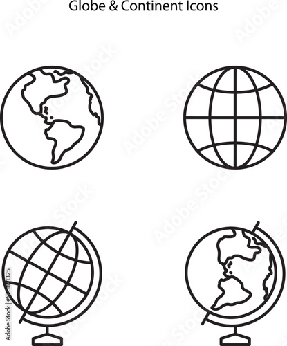 World globe continent line icon set. Vector Earth global country map planet line icon. 