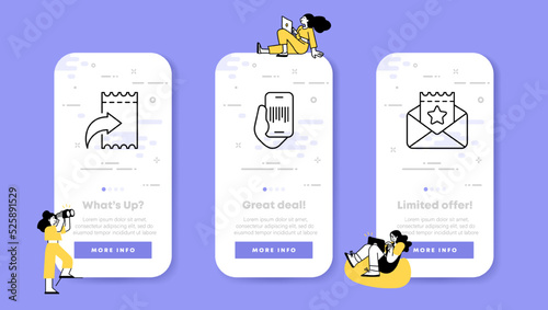 Paper and digital tickets set icon. Bar code in the phone, letter, email, star, seat, entertainment, theatre, cinema, public transport. Pass documents concept. UI phone app screens. Vector line icon