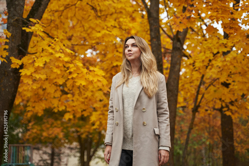 beautiful woman against the backdrop of tall yellow autumn trees in the park. beautiful autumn portrait against the background of fallen golden leaves