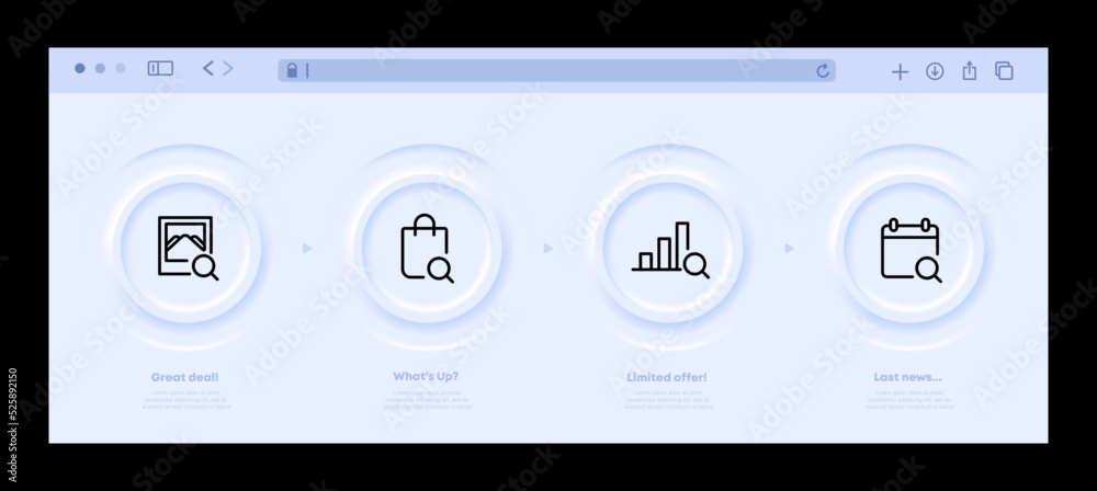 Searching for information set icon. Picture, online shopping, statistics, bar chart, digital calendar, zoom in and out, magnifier. Technology concept. Neomorphism website interface. Vector line icon Searching for information set icon. Picture, online shopping, statistics, bar chart, digital calendar, zoom in and out, magnifier. Technology concept. Neomorphism website interface. Vector line icon