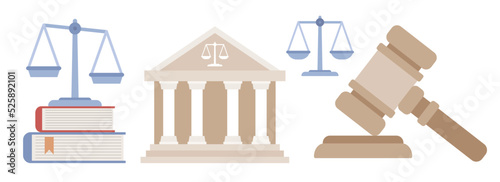 Law and justice icon set. Scales of justice, courthouse and judge's gavel. Supreme Court. Legal services, services of lawyer, notary. Vector flat illustration 