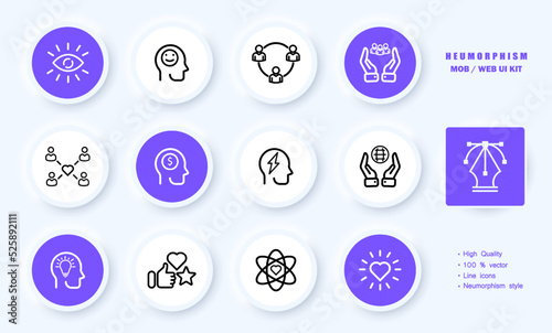 Teamwork set icon. Teambuilding, creative thinking, support, friendly atmosphere in the team, kindness, equality, feedback, analytics, strategy. Business concept. Neomorphism style. Vector line icon