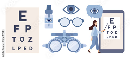 Ophthalmology icon set. Eyesight check and treatment. Trial frame for checking vision, eye drops bottle, glasses. Ophthalmologic equipment. Vector flat illustration 