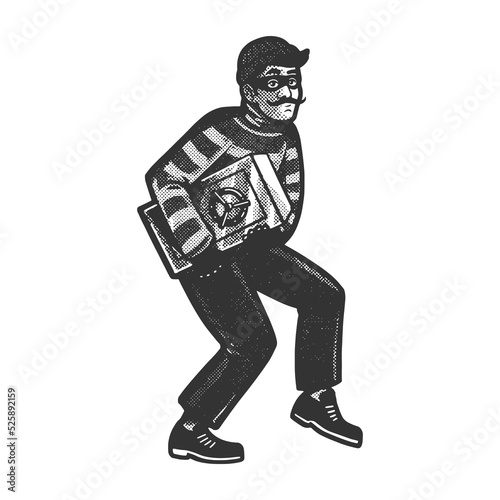 Sneaking thief with safe sketch engraving vector illustration. Scratch board imitation. Black and white hand drawn image.