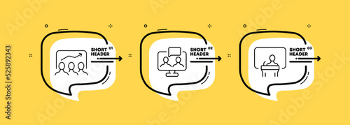 Working communication set icon. Discuss a plan, briefing, data analysis, online conference, give a speech, teambuilding. Business concept. Infographic timeline with icons and 3 steps. Vector line icon