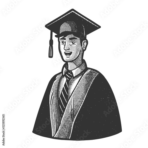 student graduated with student hat and diploma sketch engraving vector illustration. Scratch board imitation. Black and white hand drawn image.