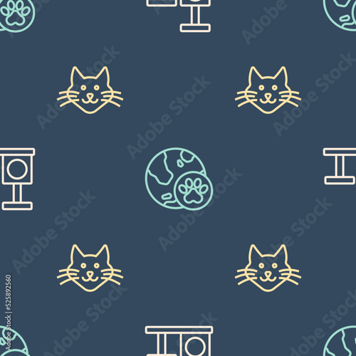 Set line Cat scratching post with toy, and World pet on seamless pattern. Vector