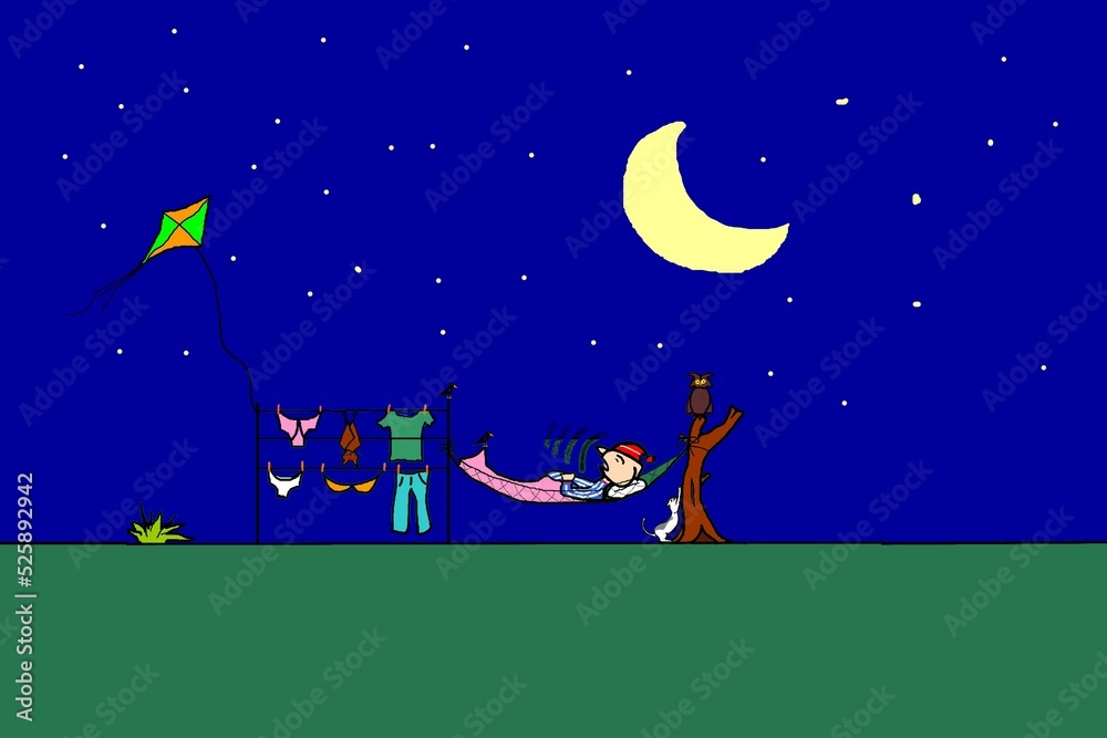 Cartoon,vector,Harry's stories the adventurous sleeps in a hammock in the backyard, the red moon rises and illuminates the landscape with all the animals of the night,