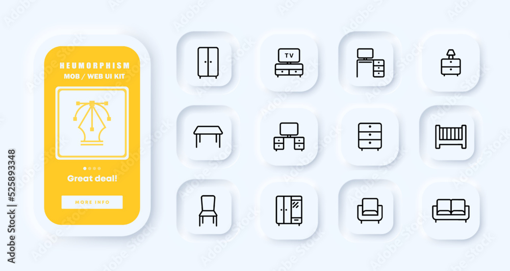 Furniture set icon. Wardrobe, TV stand, desktop, computer, nightstand, lamp, kitchen table, chest of drawers, bed, chair, armchair. Comfort concept. Neomorphism. UI phone app screens. Vector line icon Furniture set icon. Wardrobe, TV stand, desktop, computer, nightstand, lamp, kitchen table, chest of drawers, bed, chair, armchair. Comfort concept. Neomorphism. UI phone app screens. Vector line icon
