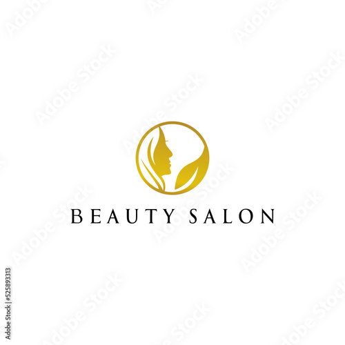 Elegant modern beauty logo design with female face silhouette, curly hair, natural leaf elements, wellness and spa concept, vector icon for salon, cosmetics, makeup, and fashion care.