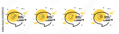Phone apps set icon. Translator, multilingual, navigator, maps, settings, wrench, planet, internet. Technolgy concept. Infographic timeline with icons and 4 steps. Vector line icon for Advertising