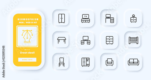Furniture set icon. Wardrobe, TV stand, desktop, computer, nightstand, lamp, kitchen table, chest of drawers, bed, chair, armchair. Comfort concept. Neomorphism. UI phone app screens. Vector line icon