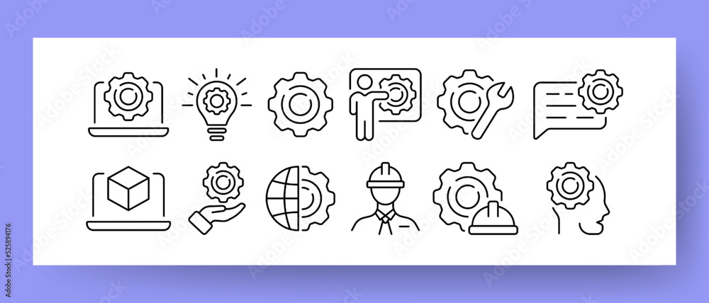 Engineering set icon. Laptop, gear, project, design, light bulb, idea, presentation, wrench, 3d cube, three dimensional, planet, engineer, helmet, builder. Techhnology concept. Vector line icon