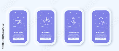 Packaging set icon. Logistics, box, planet, worldwide shipping, hands, deliver parcels, courier. Delivery concept. Neomorphism. UI phone app screens. Vector line icon for Business and Advertising