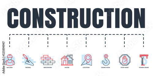 Construction banner web icon set. house, tower crane, builder, brickwork, crane hook, stop hand, trowel, location vector illustration concept.
