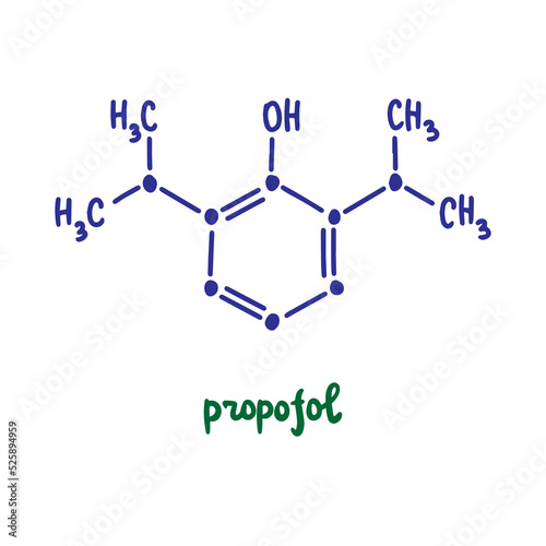 Propofol hand drawn vector formula chemical structure lettering blue green photo