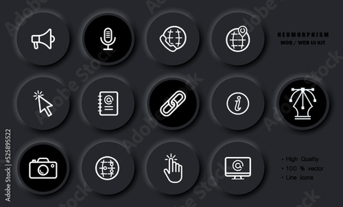 Business contacs set icon. Megaphone, microphone, hotline, location, worldwide, cursor, email list, link, camera, computer, planet. Work concept. Neomorphism style. Vector line icon for Advertising photo