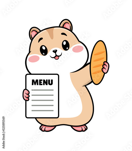 cute plump hamster holds bread and a menu sheet in his hands. cafe logo. animals. bear. cartoon