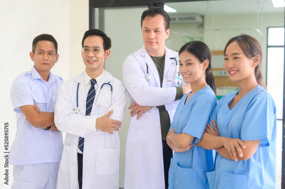 An Asian professional confidence medic team are walking in hospital, health care concept . An Asian professional confidence medic team are walking in hospital, health care concept .