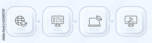Online learning set icon. Distance, home schooling, worldwide, planet, computer, checkmark, test, laptop, academic cap, watch video, play button. Education concept. Neomorphism style. Vector line icon