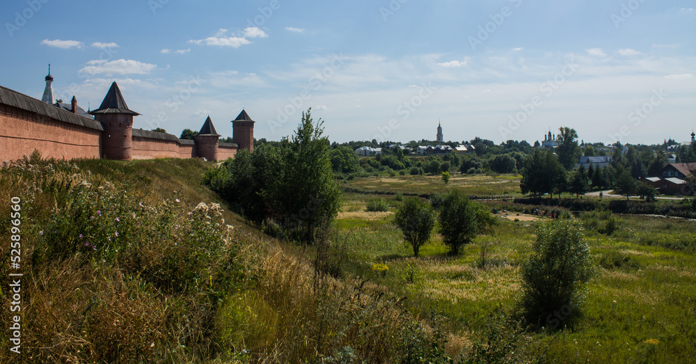 Brick walls of the ancient Kremlin in Suzdal russia on a high hill among green trees and grass on a bright sunny summer day and a space for copying