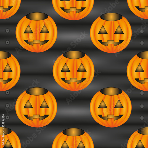 Halloween pumpkin background on black rustic wooden board. Seamless vector illustration with jack lantern on style wooden black background. Halloween concept.