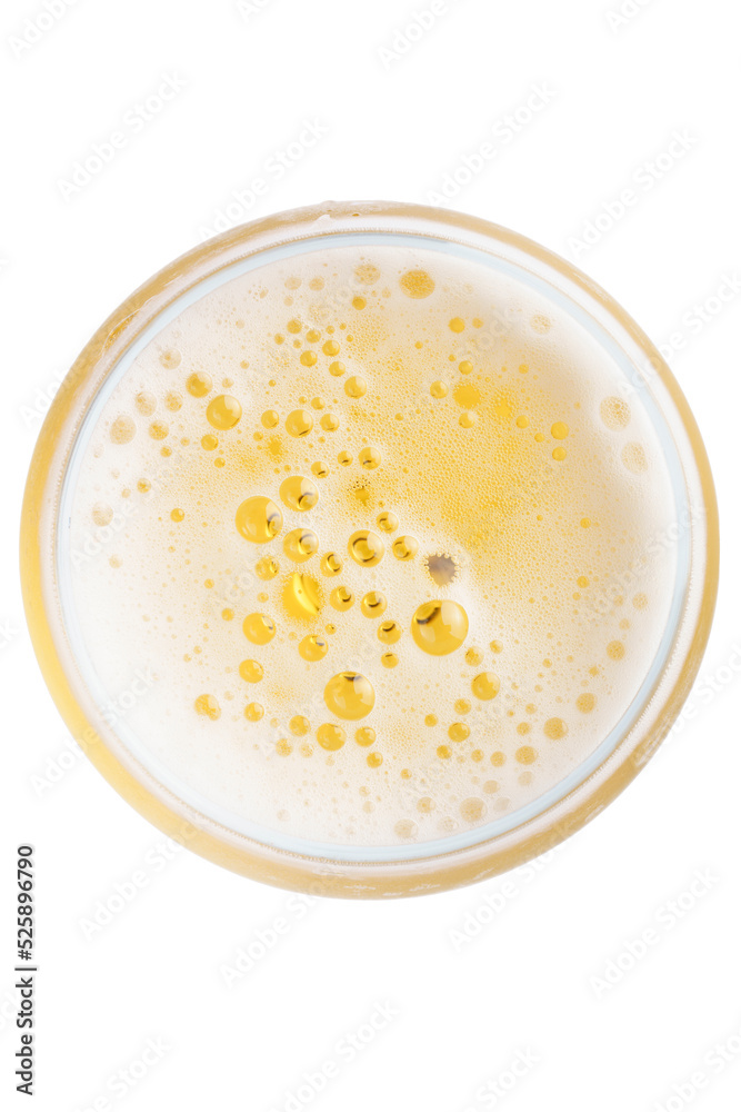 beer bubbles in Glass of light beer top view isolated on white, macro beer bubbles in Glass of light beer top view isolated on white, macro