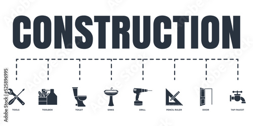 Construction banner web icon set. toilet, tap faucet, tools, toolbox, drill, door, pencil and ruler, sinks vector illustration concept.