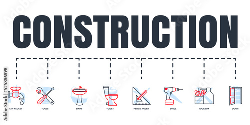 Construction banner web icon set. toilet, tap faucet, tools, toolbox, drill, door, pencil and ruler, sinks vector illustration concept.