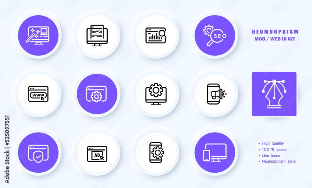 Website management set icon. Computer, statistics, coverage, www, worldwide web, seo, magnifier, gear, megaphone, security system, ad. Technology concept. Neomorphism. Vector line icon for Business