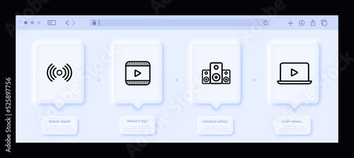 Movie set icon. Translation, film, series, speakers, sound, laptop, watch online, hobby, art, cinema, home theatre. Entertainment concept. Neomorphism website interface. Vector line icon for Business