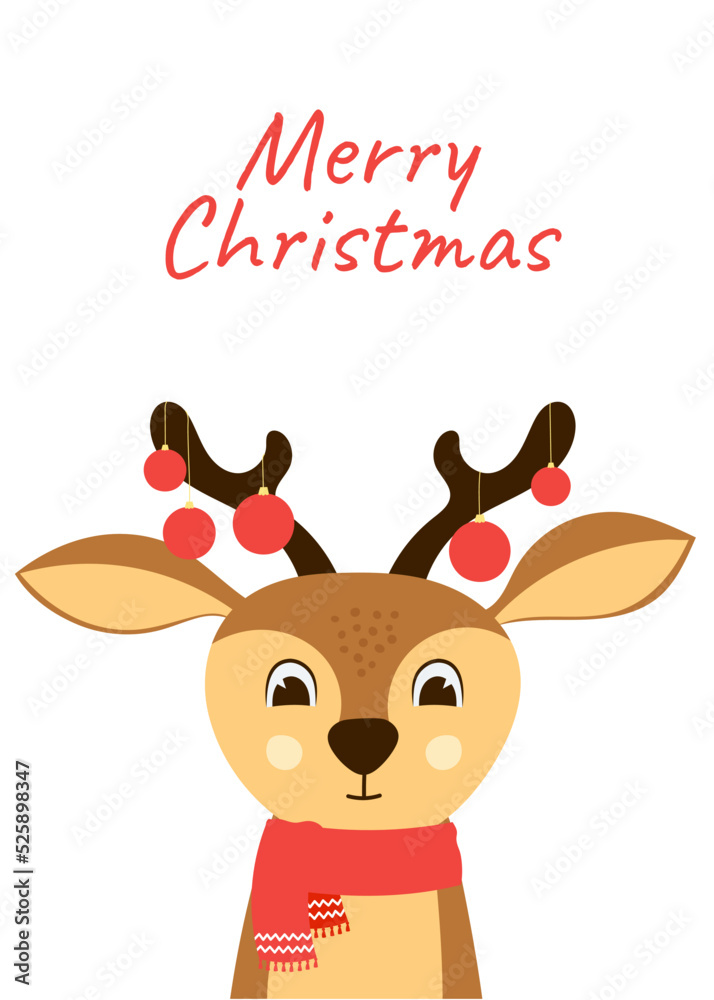 Christmas greeting card with cute deer head with red scarf. Hand drawn cartoon character Christmas greeting card with cute deer head with red scarf. Hand drawn cartoon character